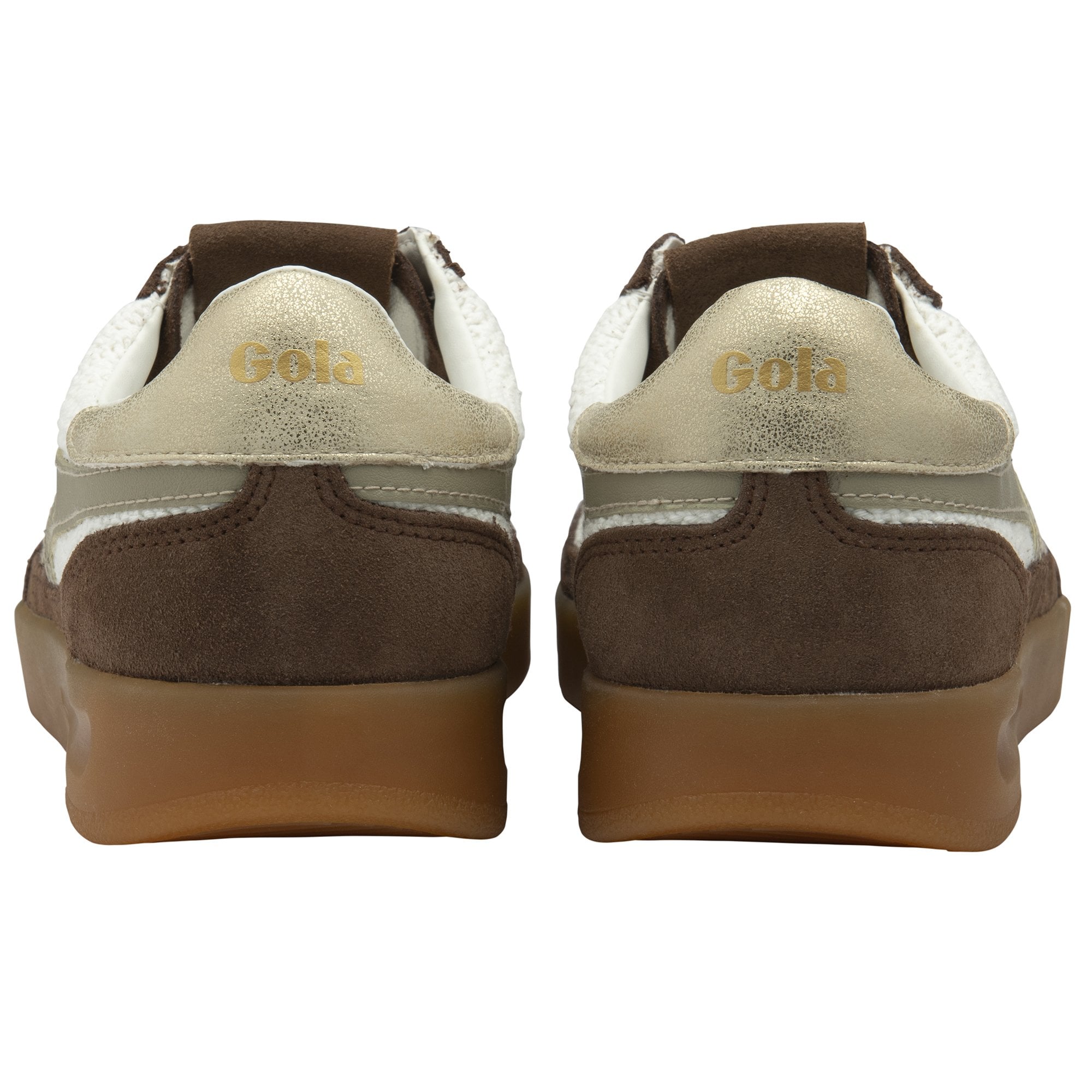 Rear view of two Gola men's sneakers in white and brown, displaying the heel details.