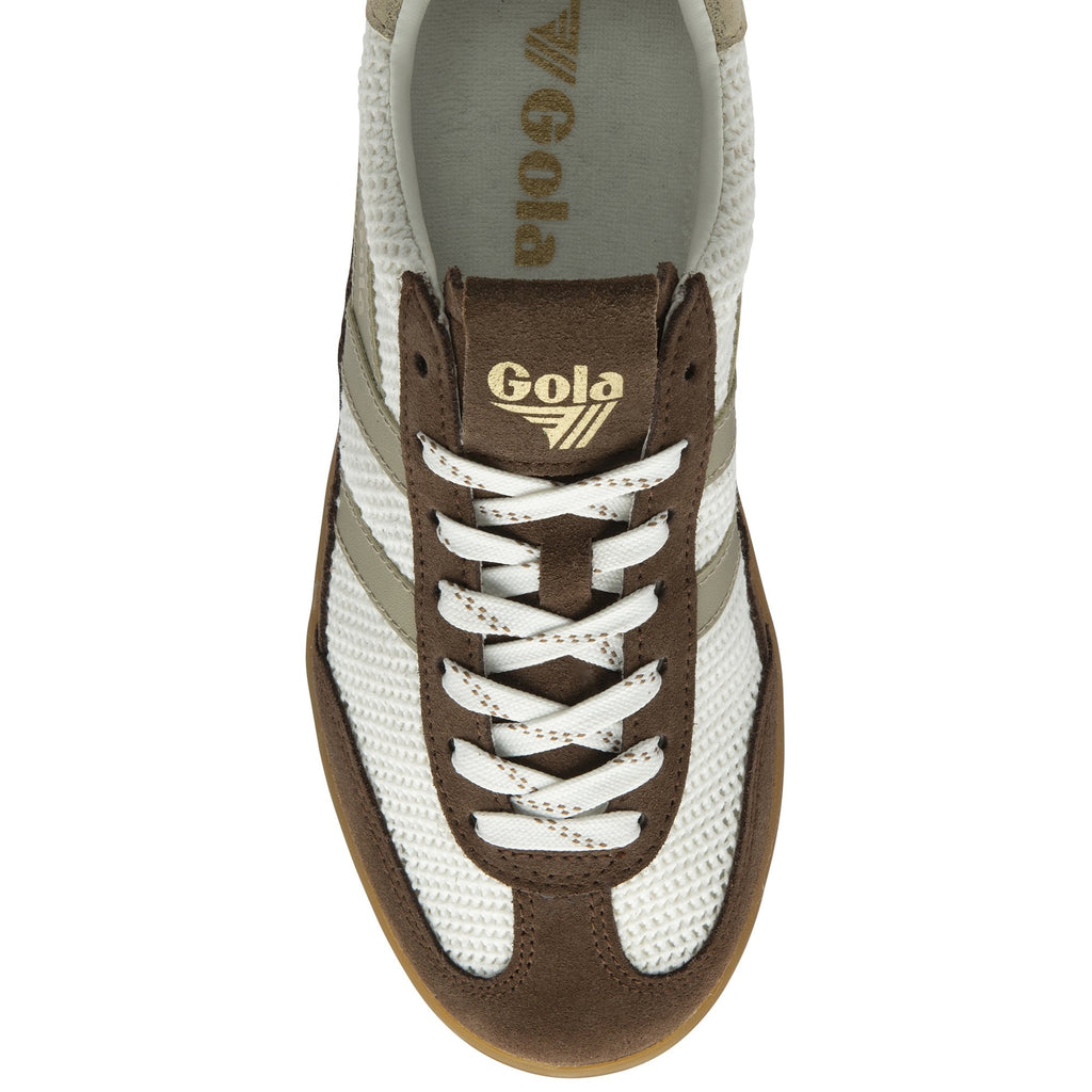 Top-down view of a Gola men's sneaker in white and brown, focusing on the laces.