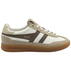 A single Gola women's low-top sneaker in white and beige with brown stripes, right side view.