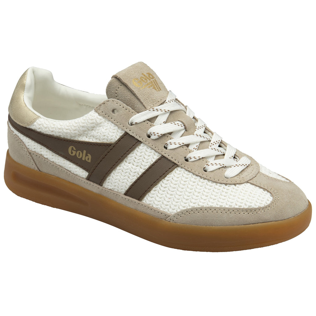 A single Gola women's low-top sneaker in white and beige with brown stripes, left side view.