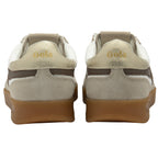 The backs of two Gola women's low-top sneakers in white and beige with brown stripes.