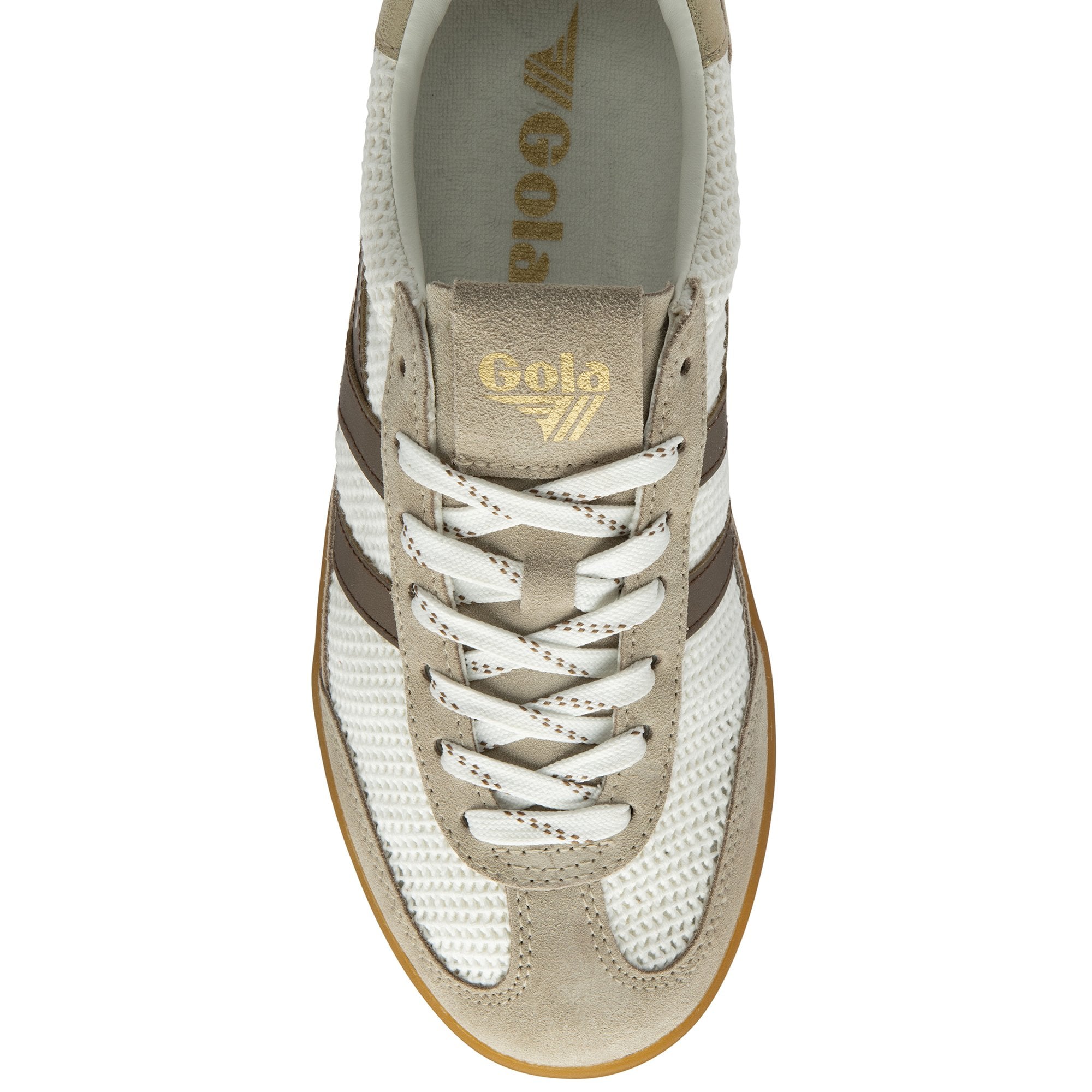Top-down view of a single Gola women's low-top sneaker in white and beige with brown stripes.