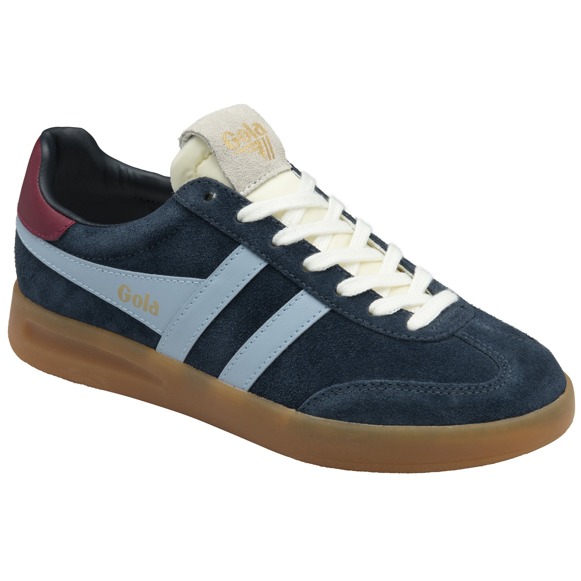 Angled view of a single Gola men's sneaker, blue with light blue stripes and tan sole.