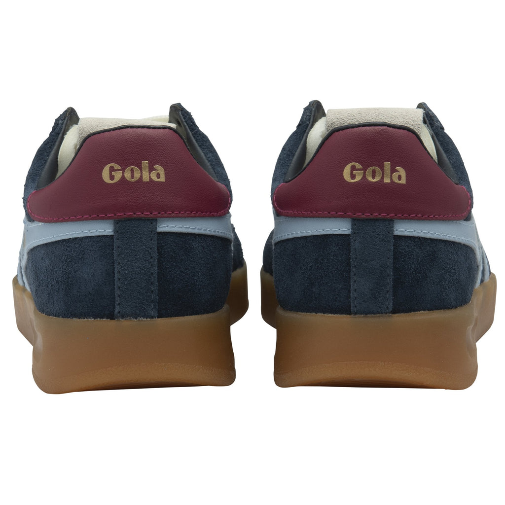 Rear view of two Gola men's sneakers, showing red heel tabs with 'Gola' in gold.