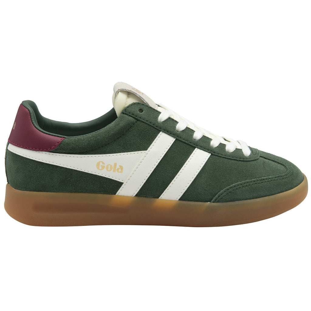 Side profile of a Gola men's Trainer in green and red with white stripes and a gum sole.