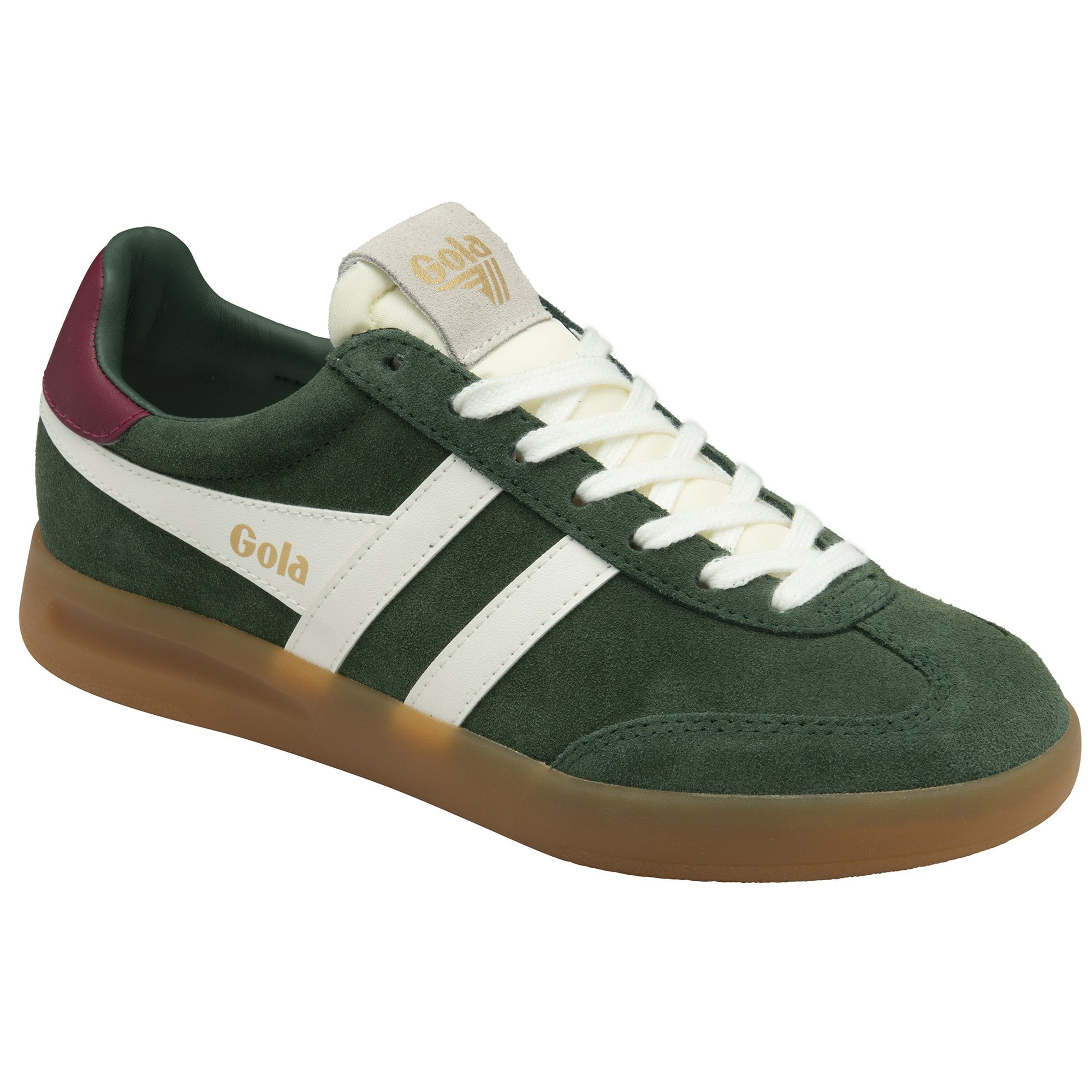 Front side profile of a Gola men's Trainer in green and red with white stripes and a gum sole.