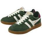 Pair of Gola men's Trainers in green and red with white stripes and a gum sole.