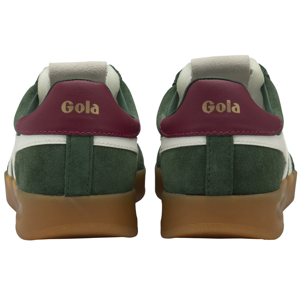 Back profile of a pair of Gola men's Trainers in green and red with white stripes and a gum sole.