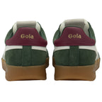 Back profile of a pair of Gola men's Trainers in green and red with white stripes and a gum sole.