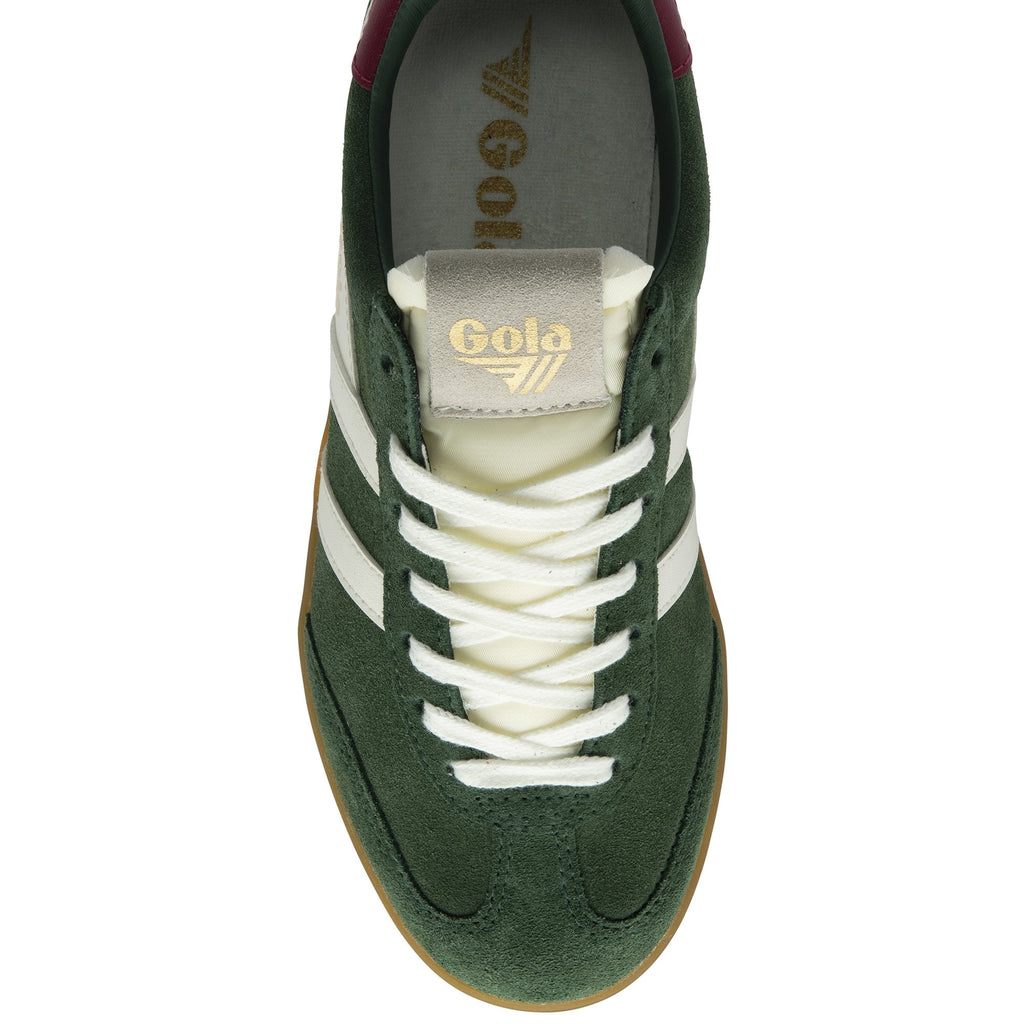Top down profile of a Gola men's Trainer in green and red with white stripes and a gum sole.