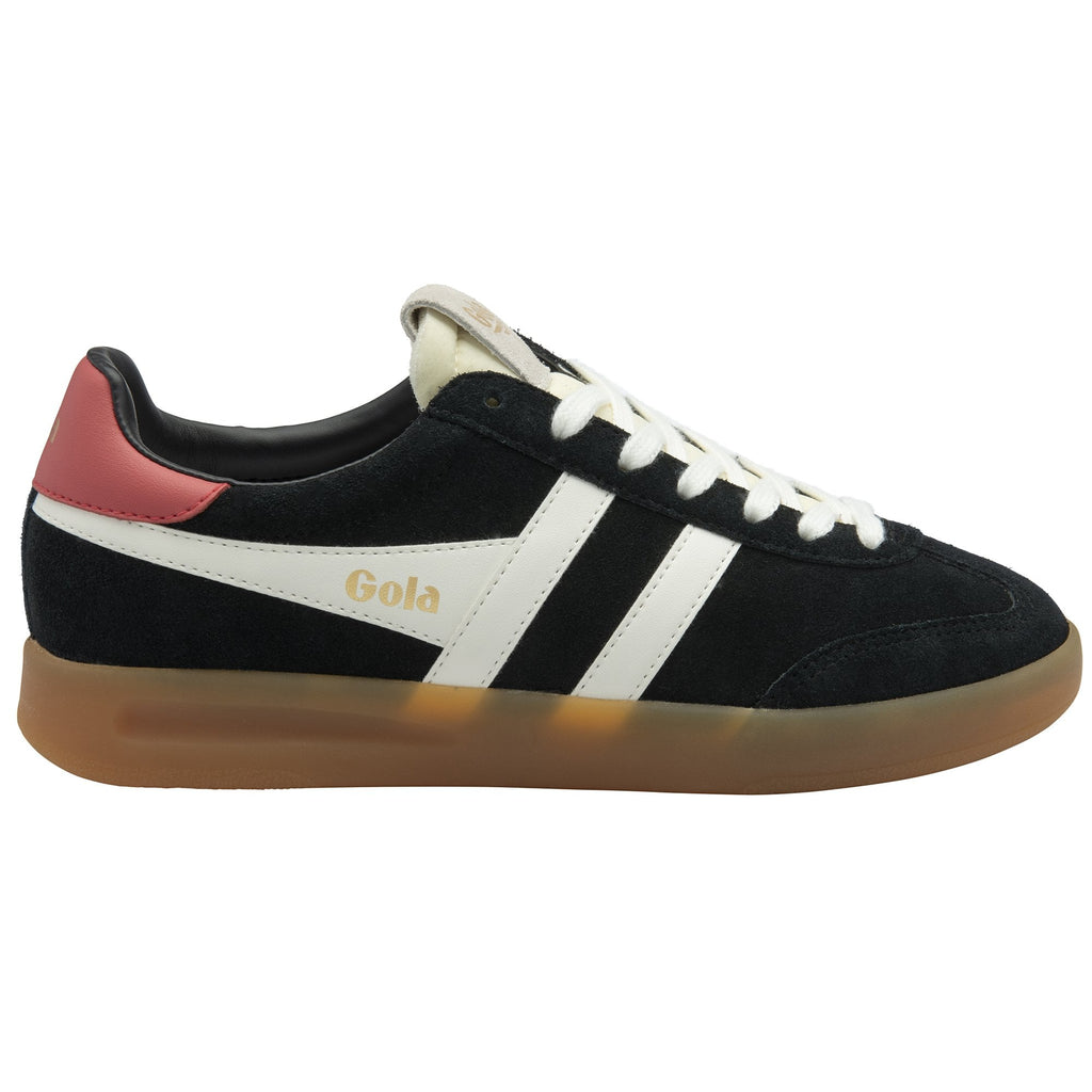 A black sneaker with white stripes, red heel, and gum sole shown from the right side.