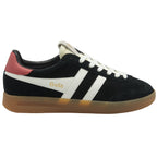 A black sneaker with white stripes, red heel, and gum sole shown from the right side.