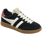 A black sneaker with white stripes, red heel, and gum sole shown from an angled perspective.