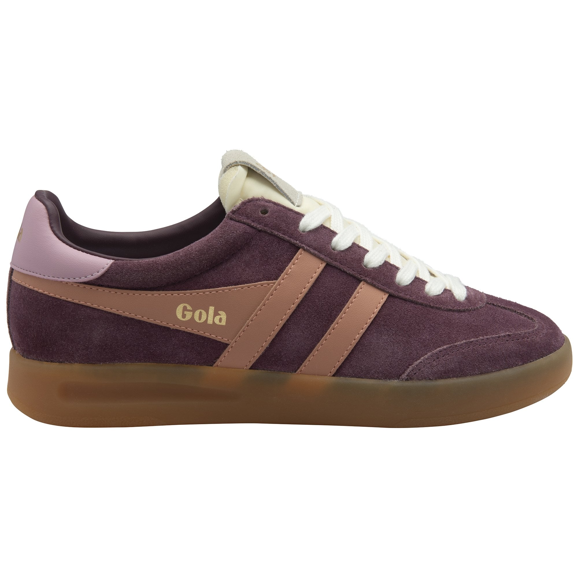 A single Gola low-top sneaker in burgundy suede with two pink stripes and a gum sole.