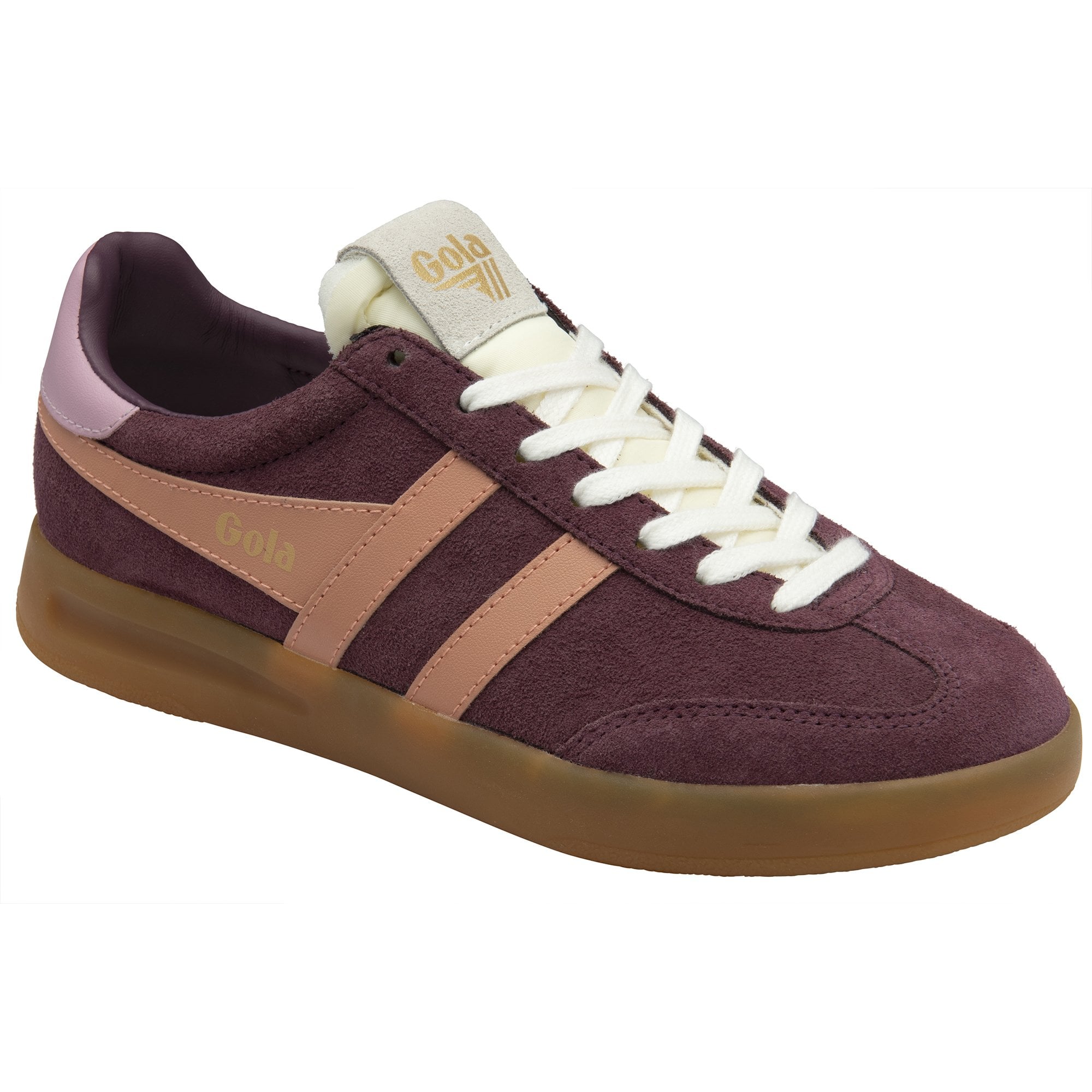 A single Gola low-top sneaker in burgundy suede with two pink stripes and a gum sole.