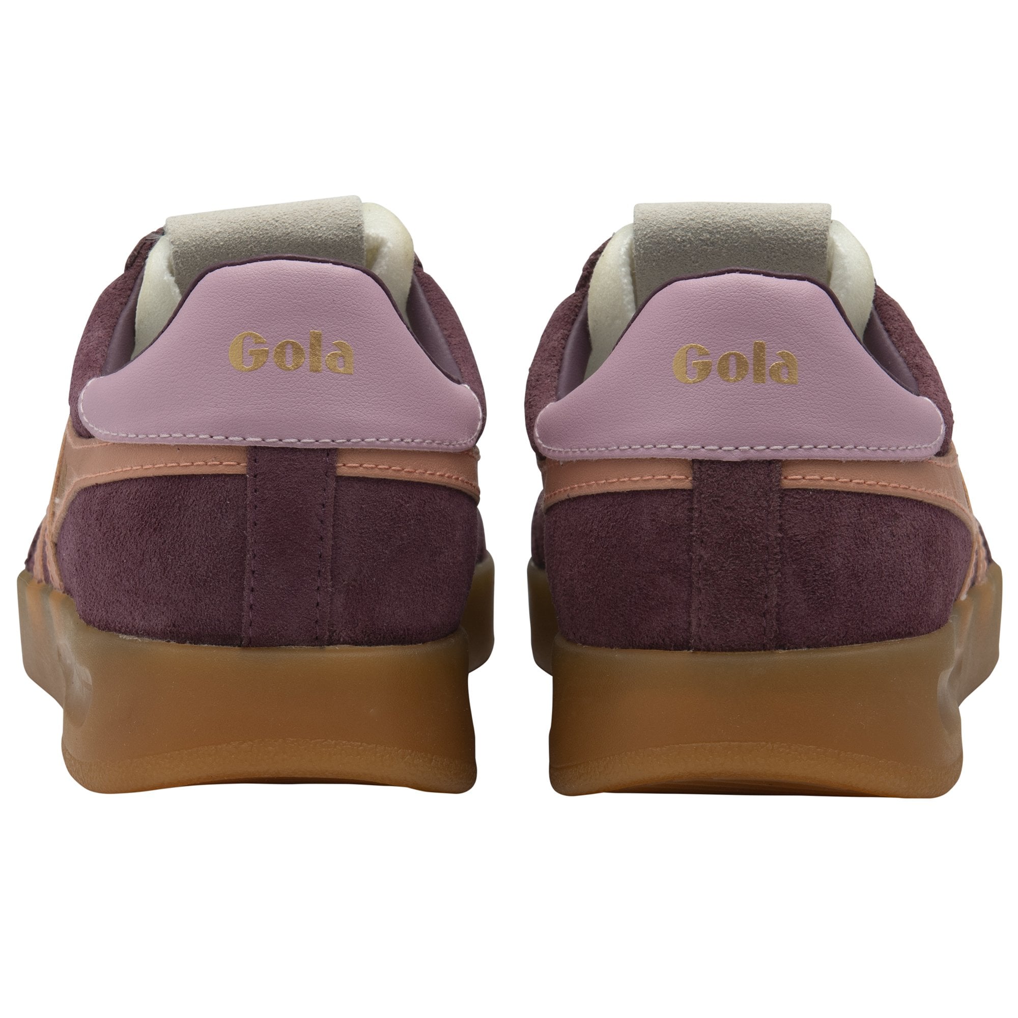 The back view of a pair of Gola sneakers, showing the burgundy suede and pink heel tabs.