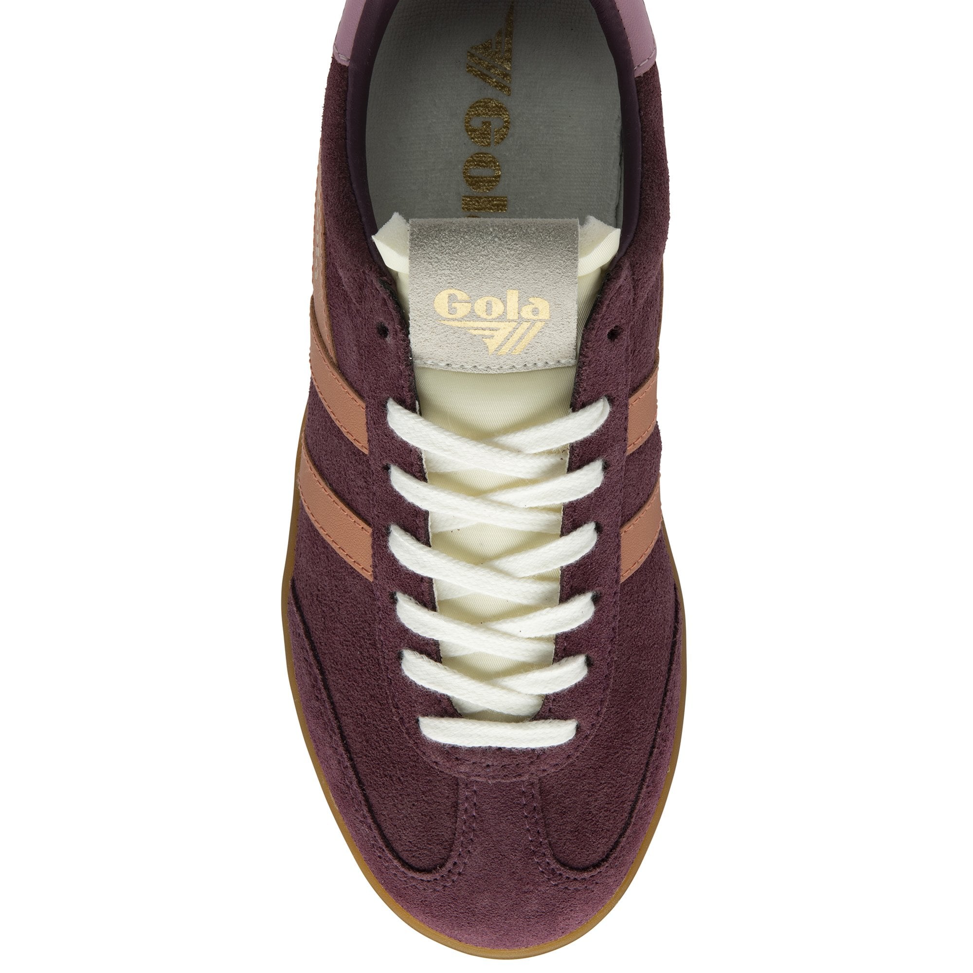 An overhead view of a Gola low-top sneaker in burgundy suede with pink stripes and white laces.