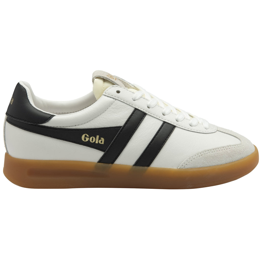 Side profile of a white Gola sneaker with black stripes and a gum sole.