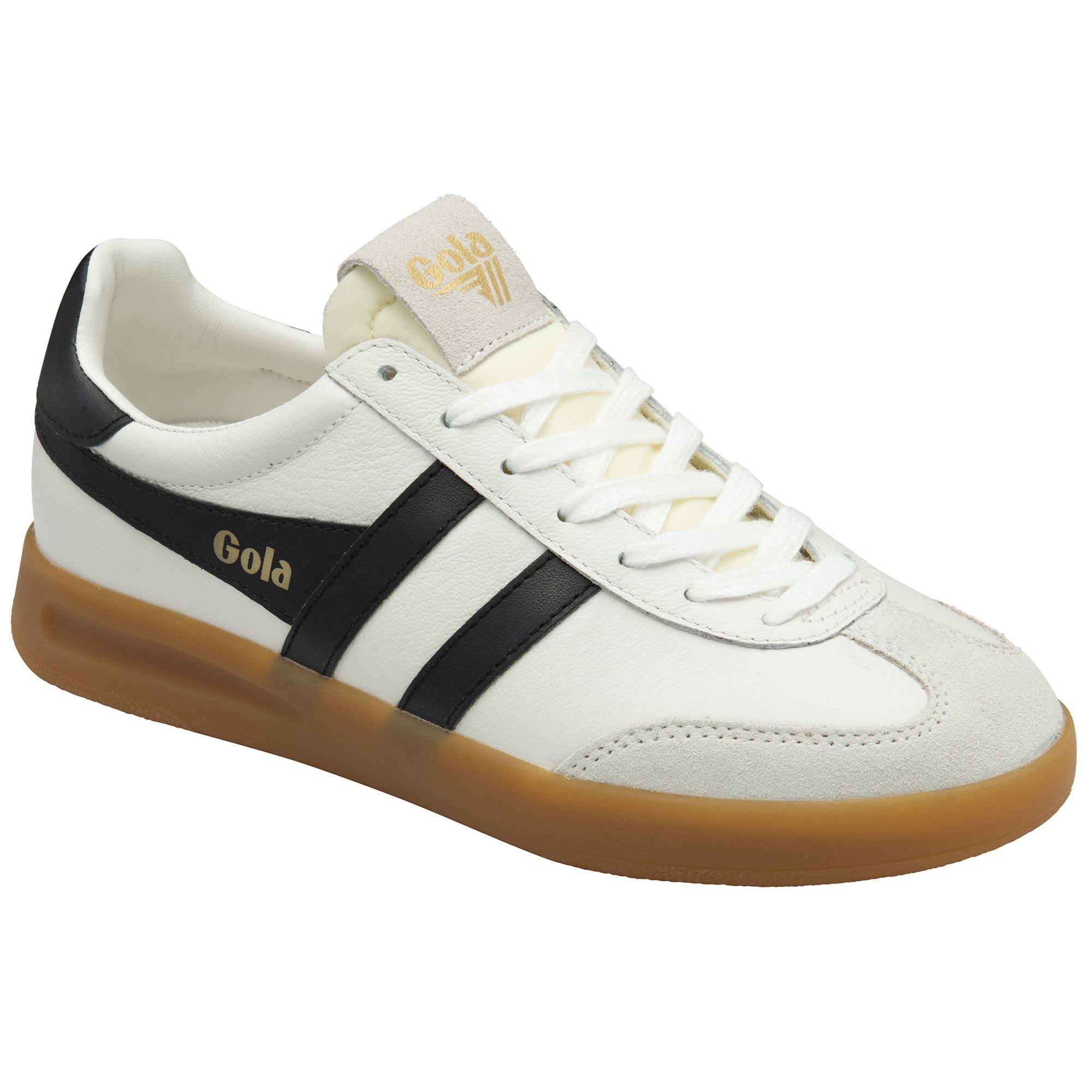 Angled view of a white Gola sneaker with black stripes and a gum sole.