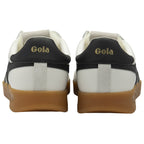 Back view of two white Gola sneakers with black heel tabs and gum soles.