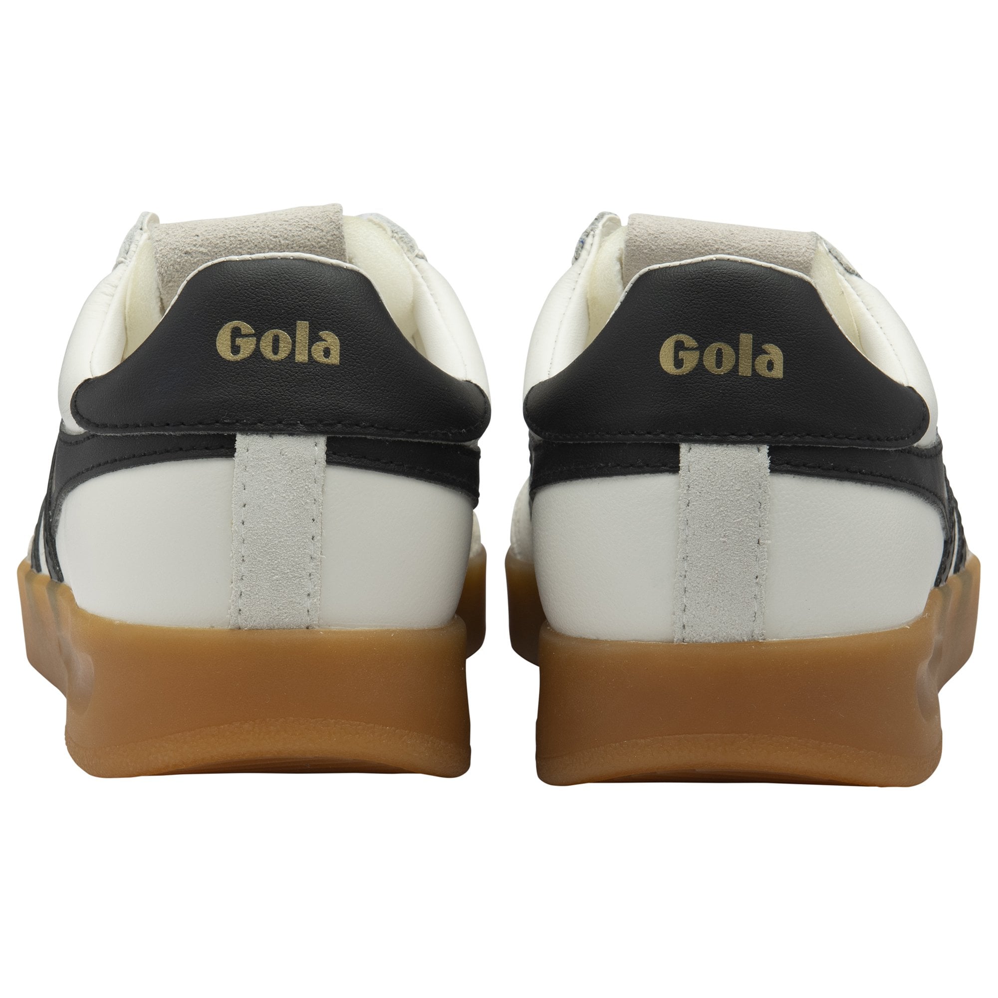 Back view of two white Gola sneakers with black heel tabs and gum soles.