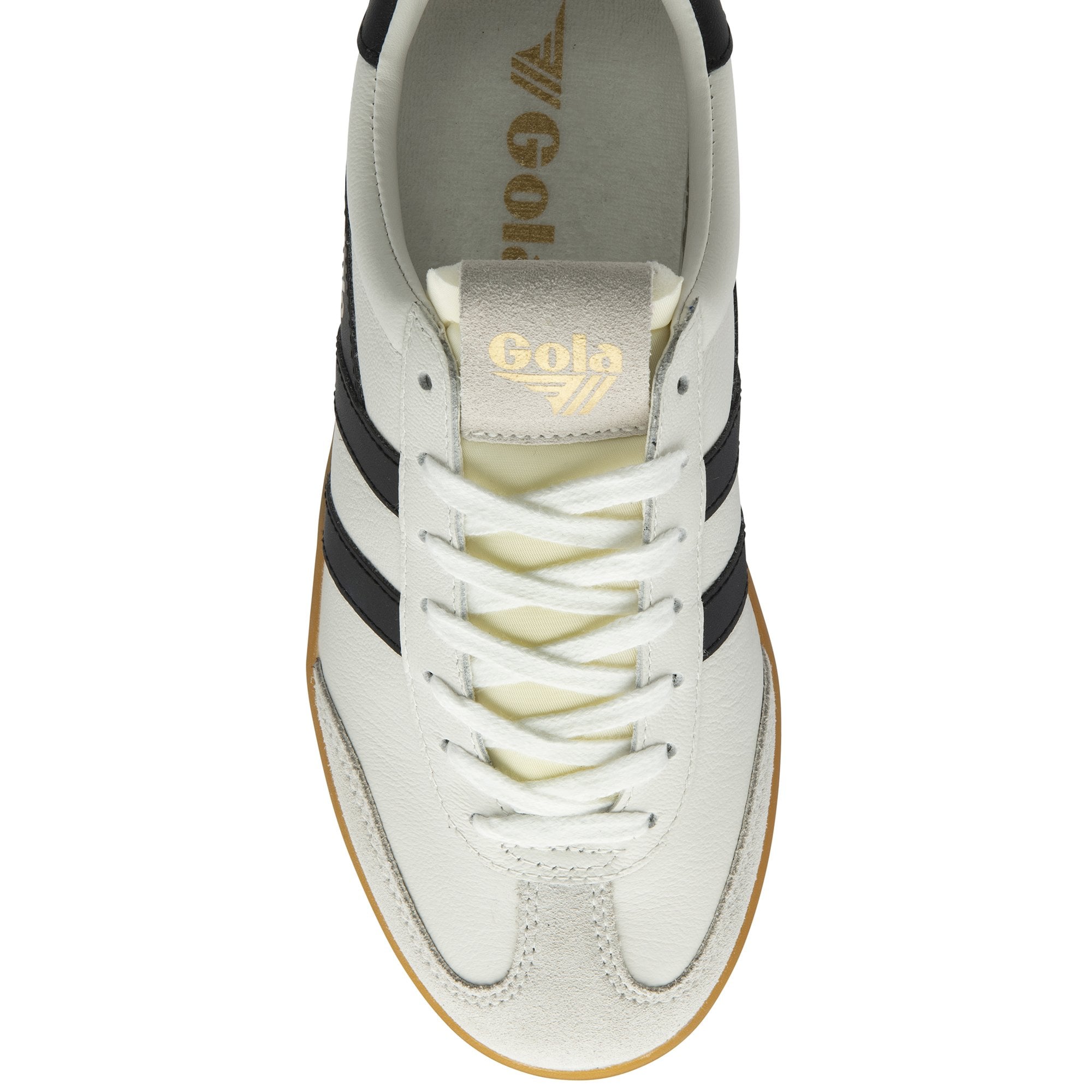 Top-down view of a white Gola sneaker with black stripes and cream laces.