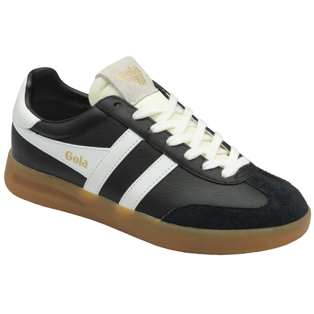 Black and white Gola low-top sneaker with a gum sole, shown from an angle.