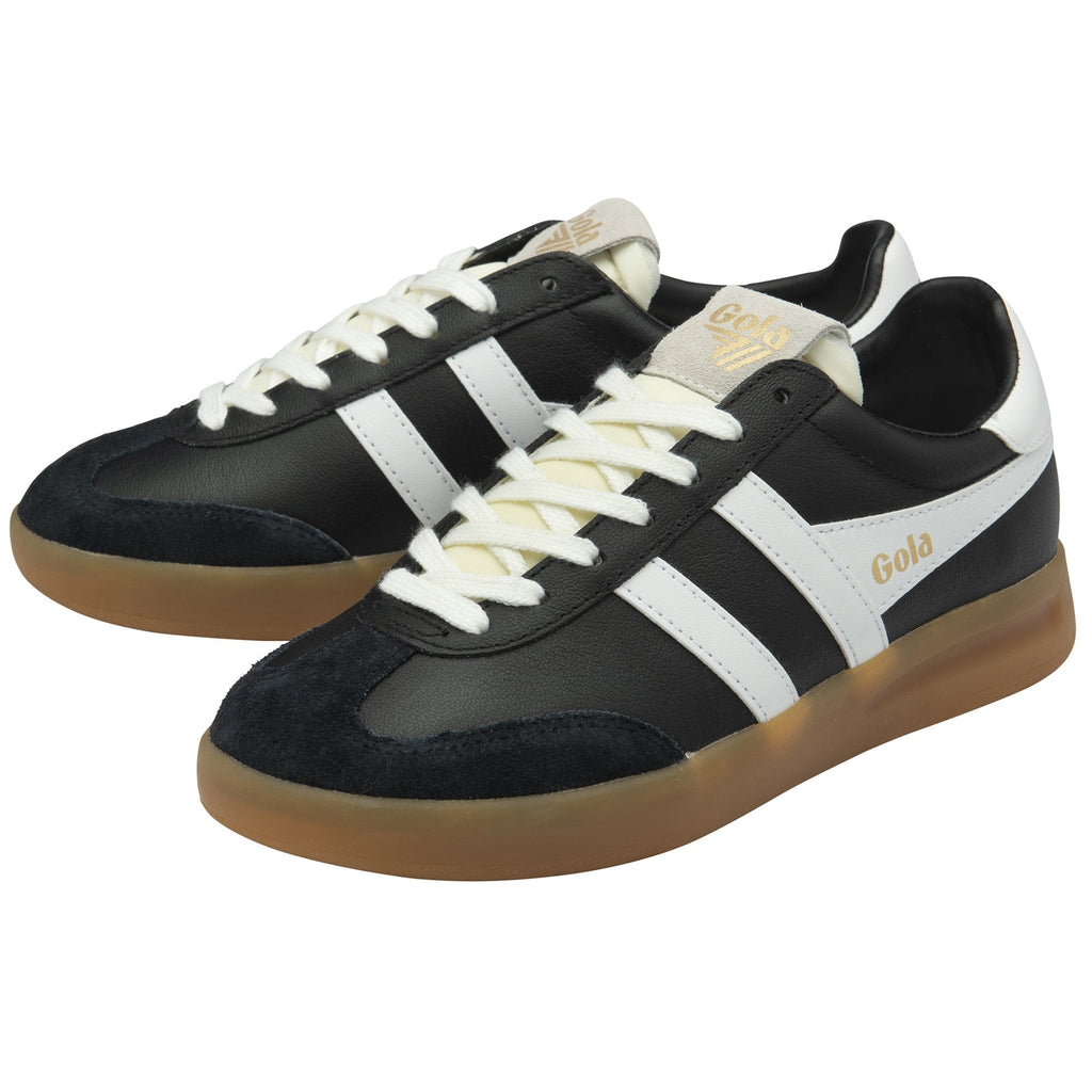 Pair of black and white Gola low-top sneakers with gum soles, shown from an angle.