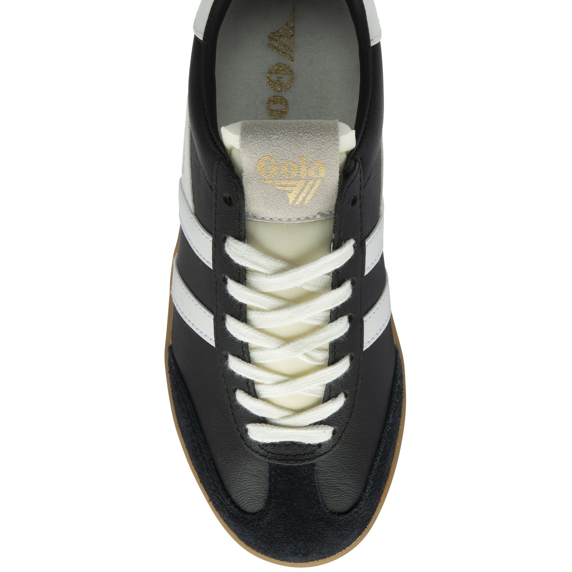 Top-down view of a black and white Gola low-top sneaker with a gum sole.