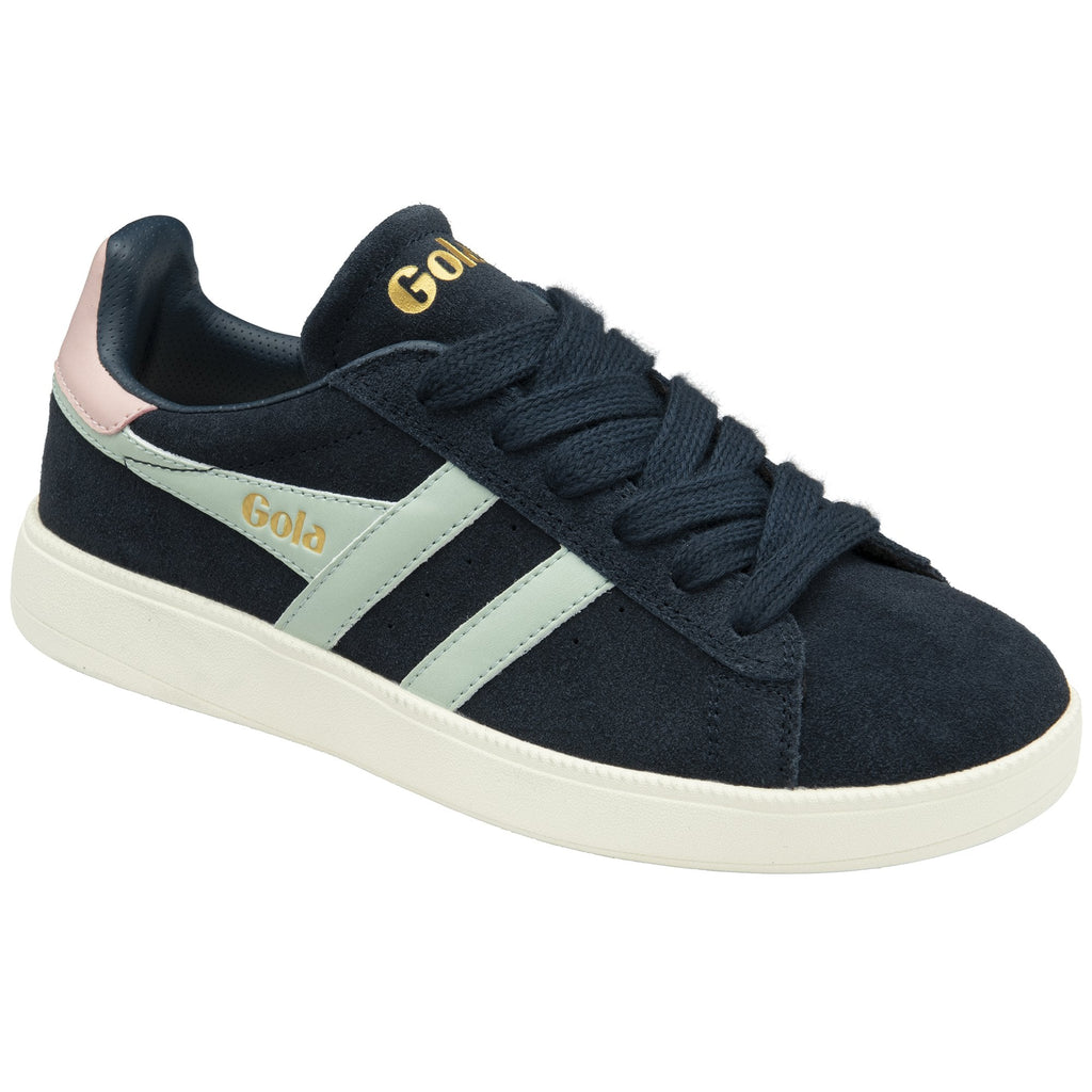 A dark blue Gola women's sneaker with light blue and pink accents, positioned angled.