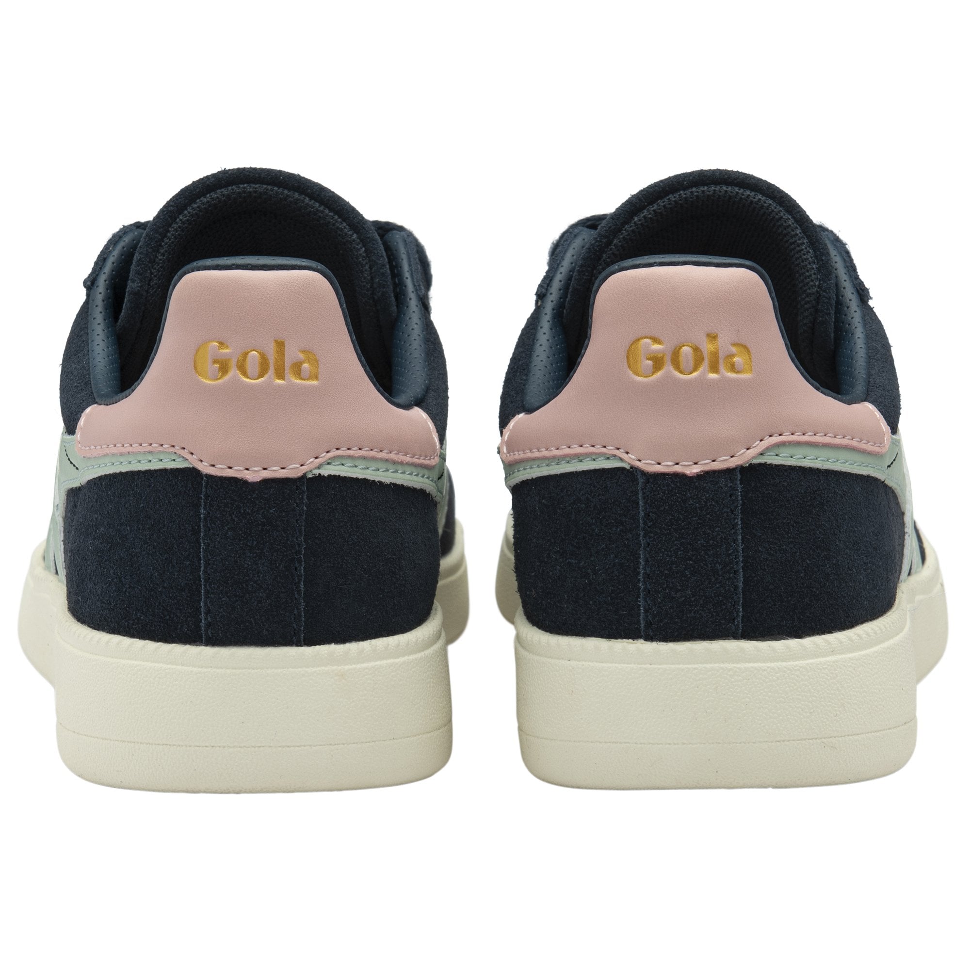 Back view of a pair of dark blue Gola women's sneakers with pink heel accents.