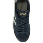 Top-down view of a dark blue Gola women's sneaker with light blue stripes and pink heel.