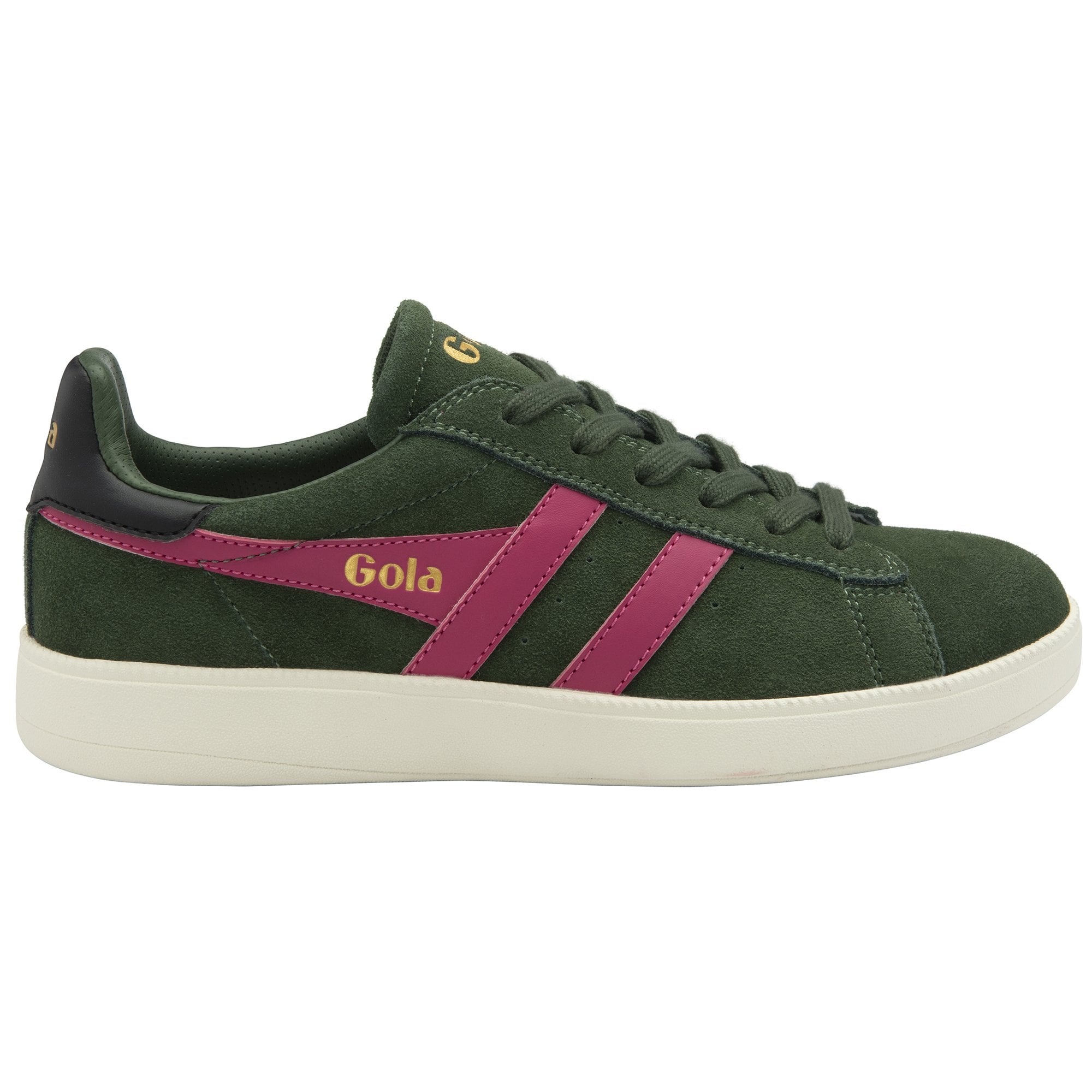 A close-up view of the Gola Elan sneakers in green suede with pink stripes.