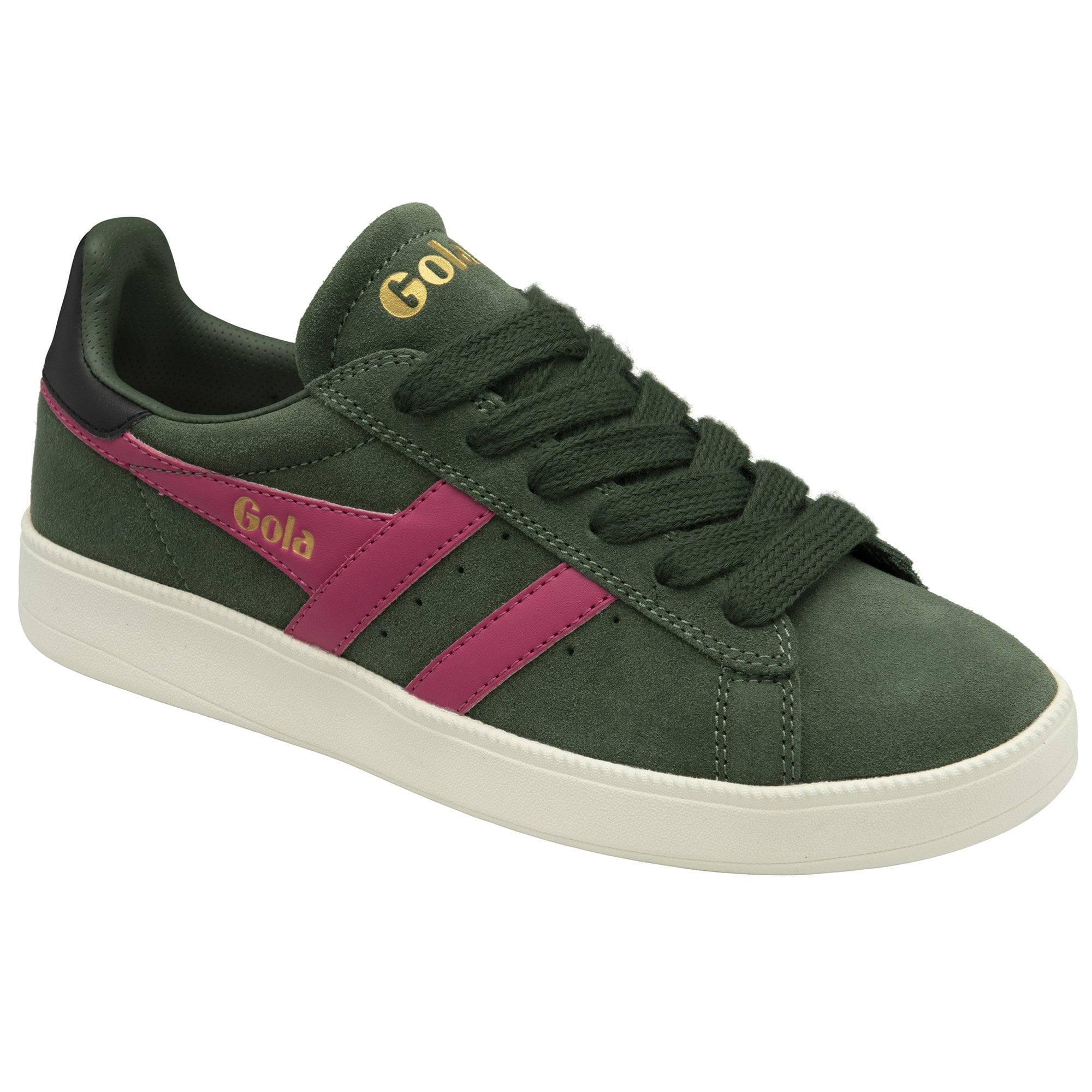 A close-up top-down view of the Gola Elan sneakers in green suede with pink stripes.