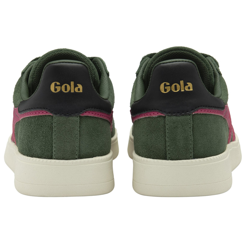 A rear view of the Gola Elan sneakers in green suede with pink stripes.