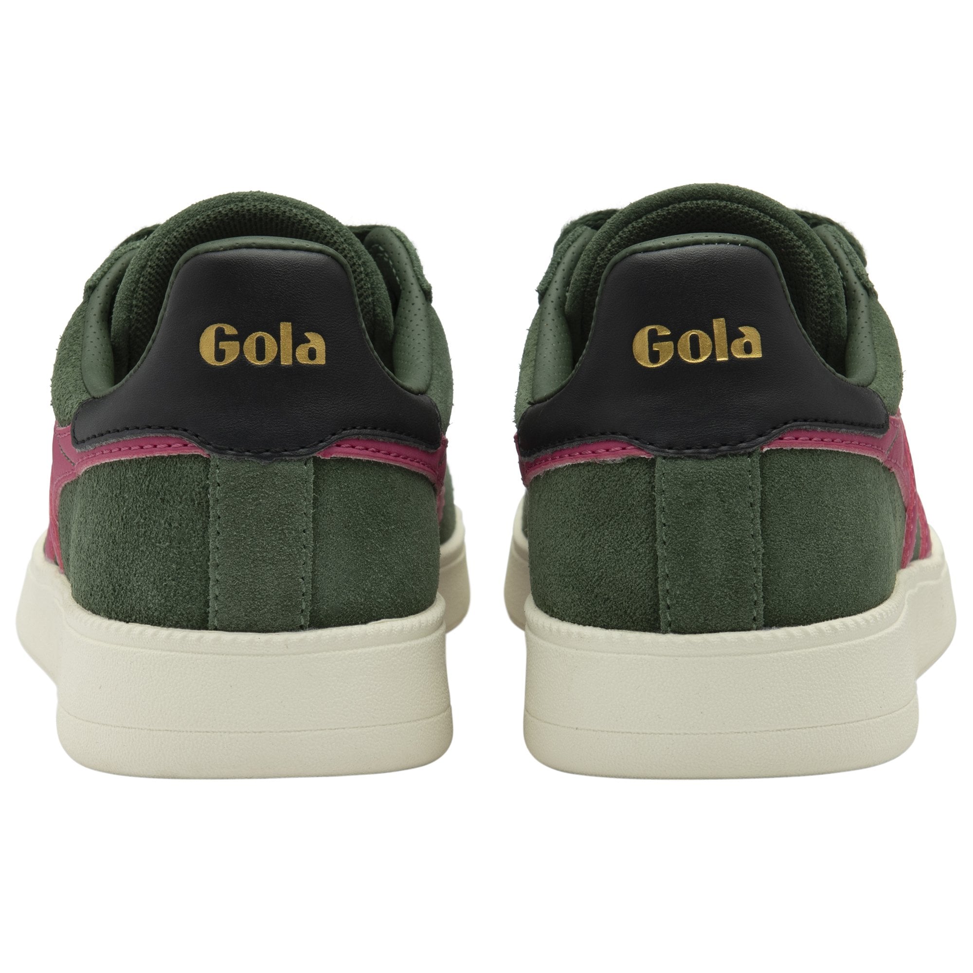 A rear view of the Gola Elan sneakers in green suede with pink stripes.