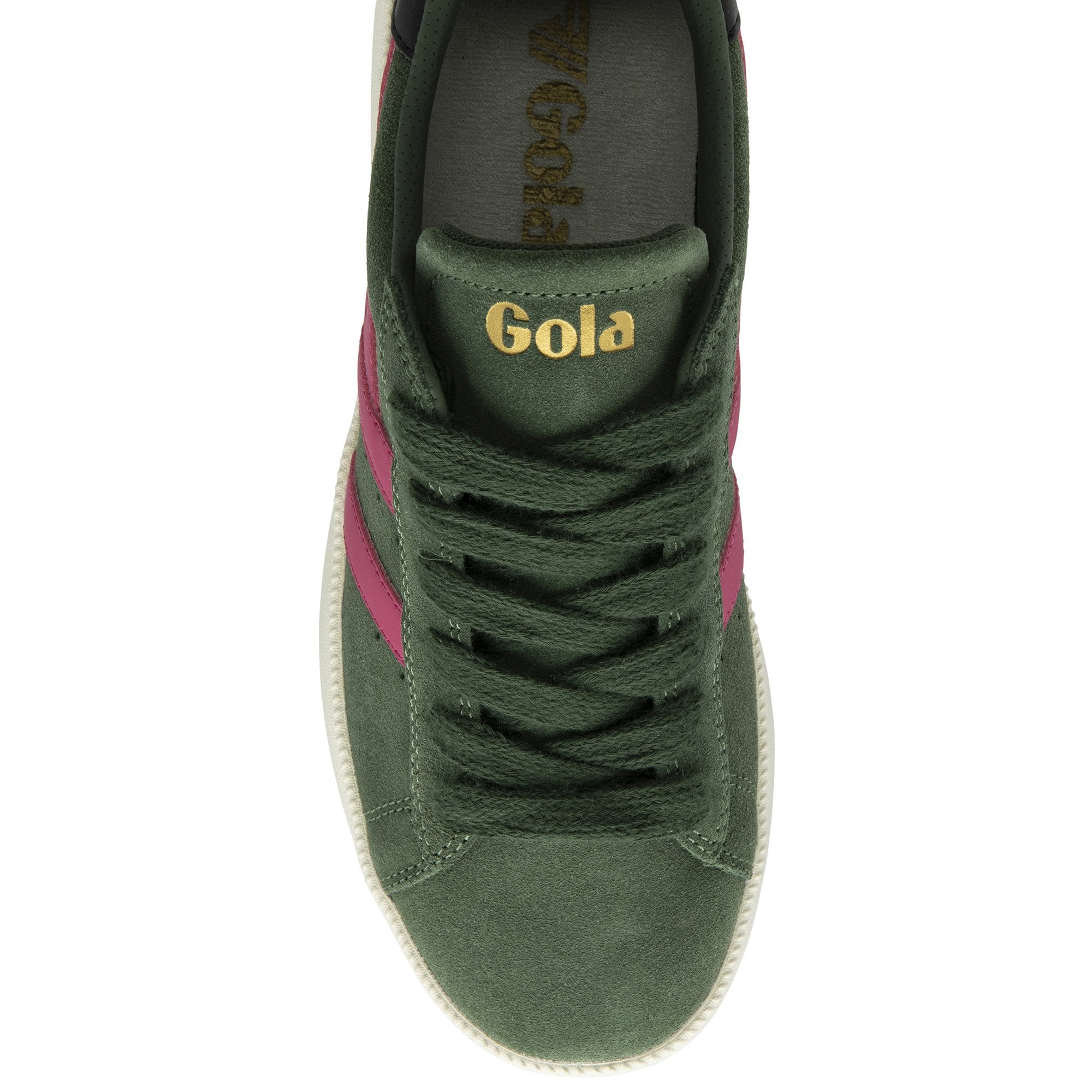 A close-up top-down view of the Gola Elan sneakers in green suede with pink stripes.