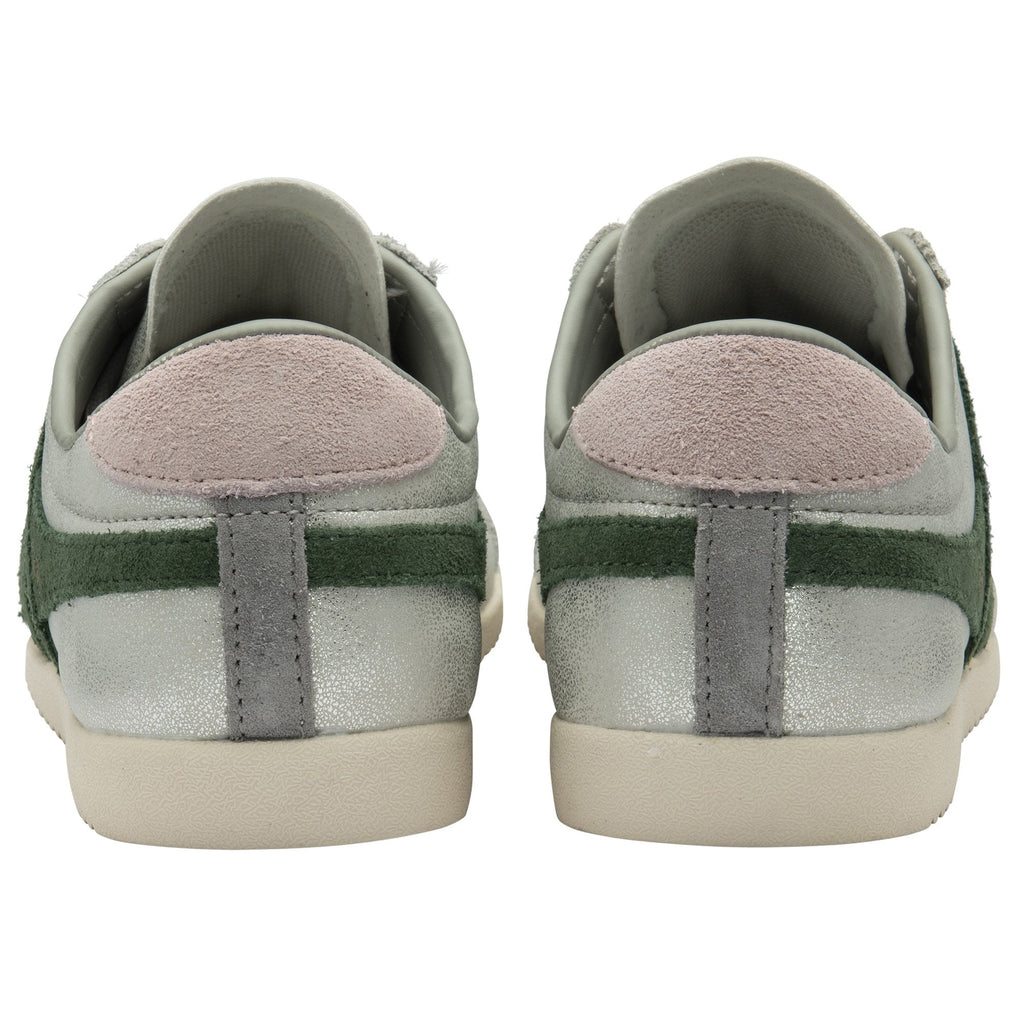 The rear of two Gola Bullet trainers in silver with two green stripes.