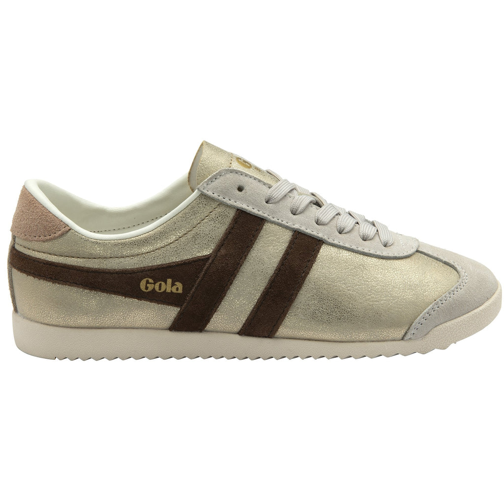 A right Gola Bullet gold and brown sneaker, positioned with the front of the shoe facing left.
