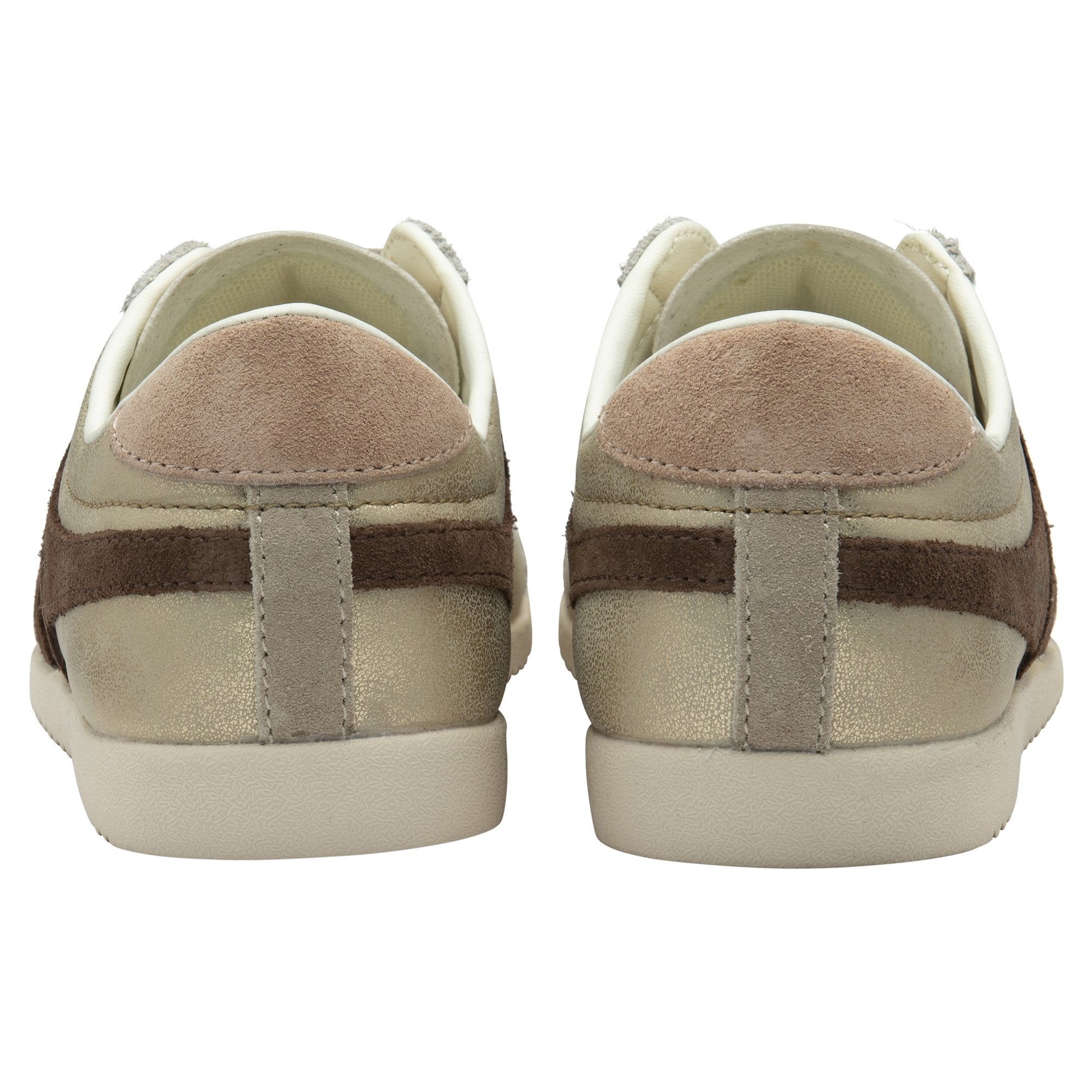 The backs of a pair of Gola Bullet gold and brown sneakers.