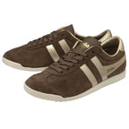 Pair of brown Gola Bullet trainers with gold stripes and branding.