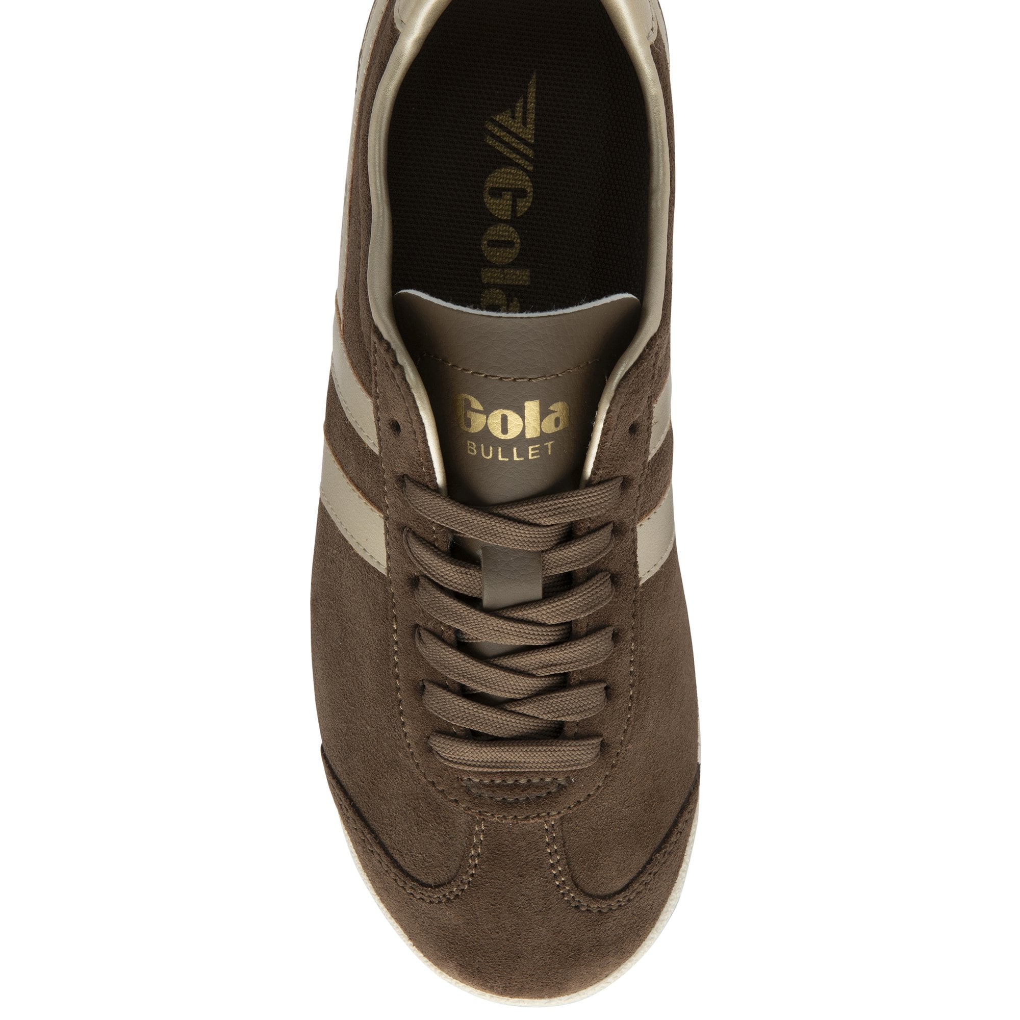 Top-down view of a brown Gola Bullet trainer with gold stripes and branding.