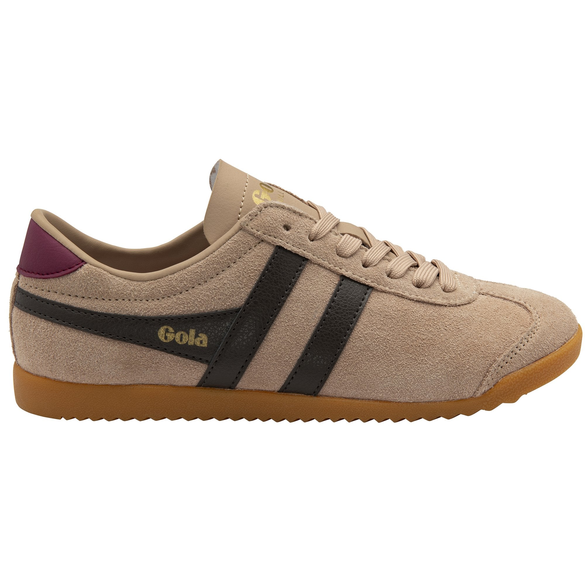 Side profile of a Gola Harrier trainer in tan with black stripes and a maroon heel tab.