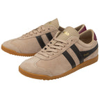 Pair of Gola Harrier trainers in tan with black stripes and maroon heel tabs.
