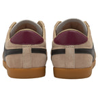 Rear view of a pair of Gola Harrier trainers in tan with maroon heel tabs.