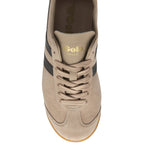 Top-down view of a Gola Harrier trainer in tan with black stripes and tan laces.