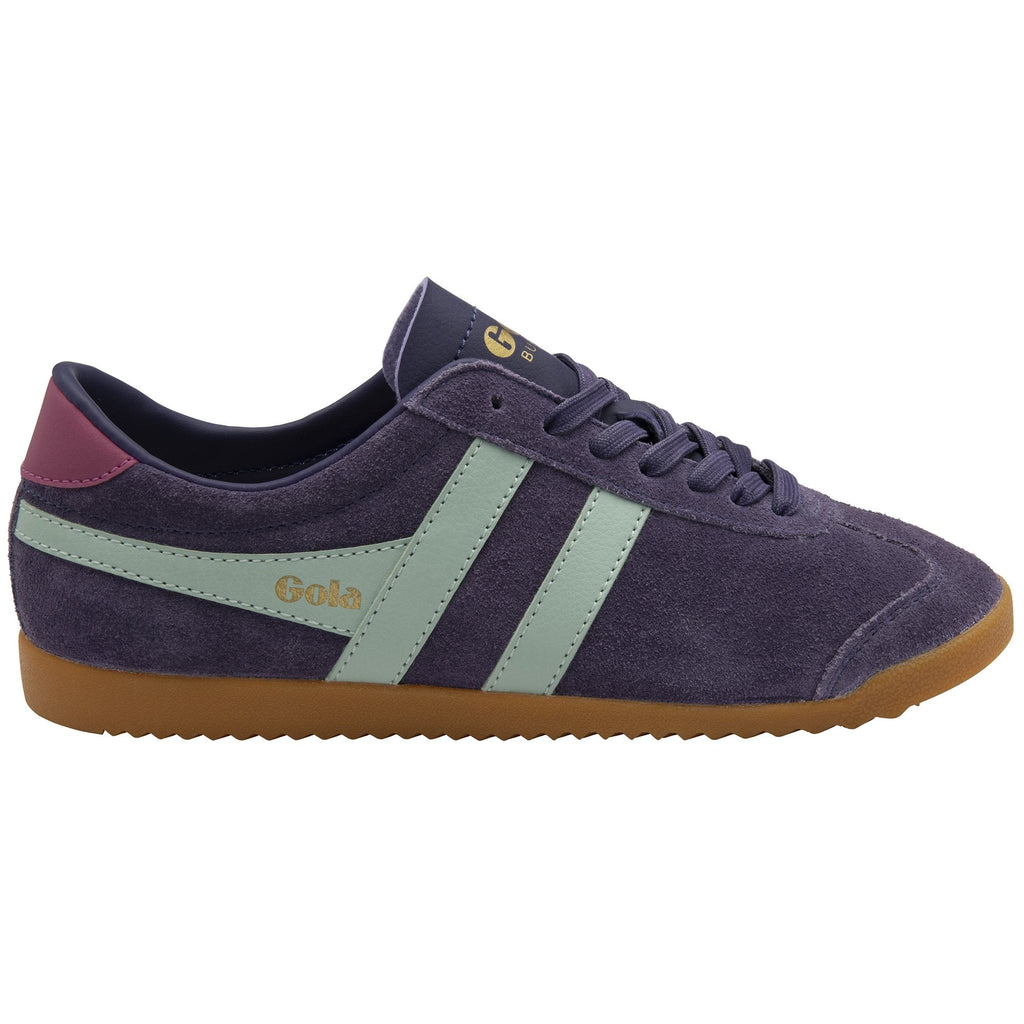 Side profile of a Gola Bullet sneaker with a purple suede upper and mint green stripes.