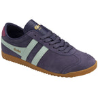 Angled view of a Gola Bullet sneaker with a purple suede upper and mint green stripes.