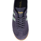 Top-down view of a Gola Bullet sneaker with purple suede and mint green stripes.