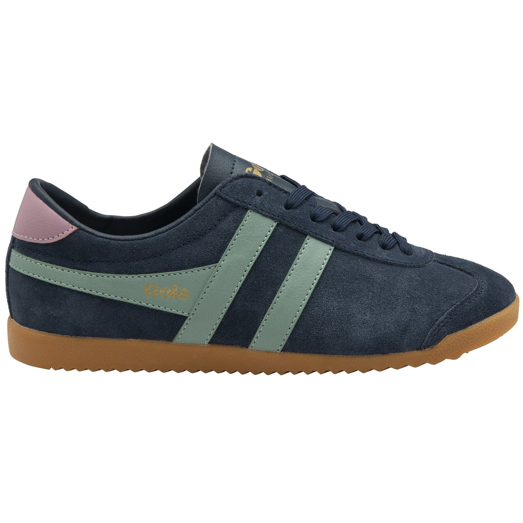 A single Gola Bullet Trainer in navy suede with light green stripes and a gum sole.